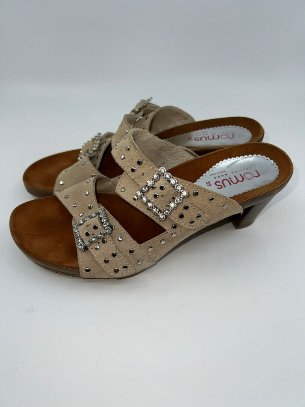 NEW ROMUS OPEN TOE HIGH HEEL SLIP ON BROWN SUEDE SANDALS W/ RHINESTONES Size 39